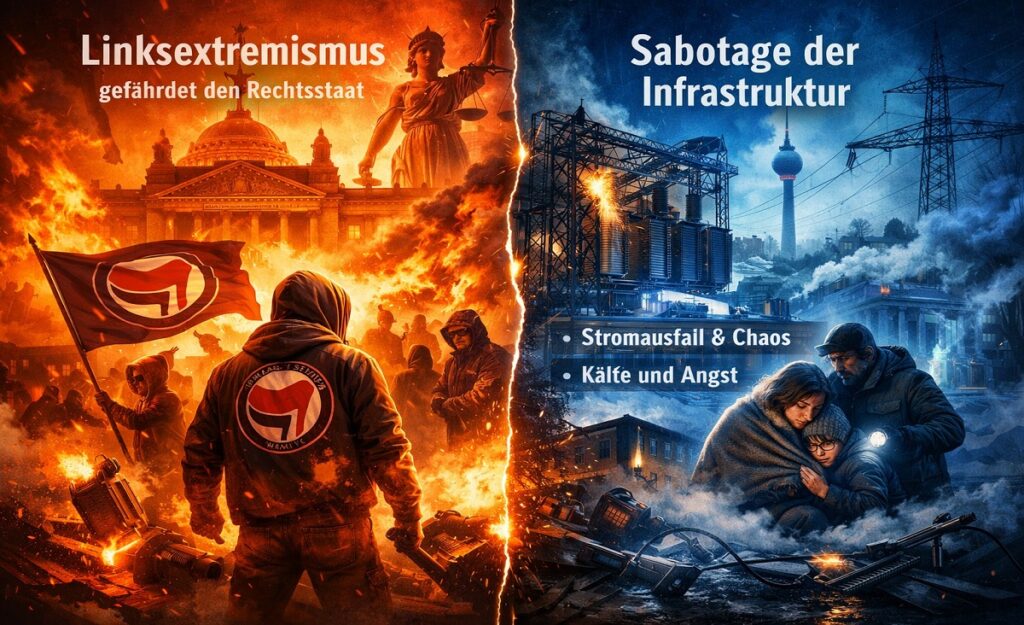 Rechtsstaat unter Druck: Linksextremismus wird politisch verharmlost – und trifft längst die Realität. Der Berliner Stromanschlag zeigt, wie verletzlich unser Alltag ist. Freiheit braucht klare Grenzen. Jetzt.